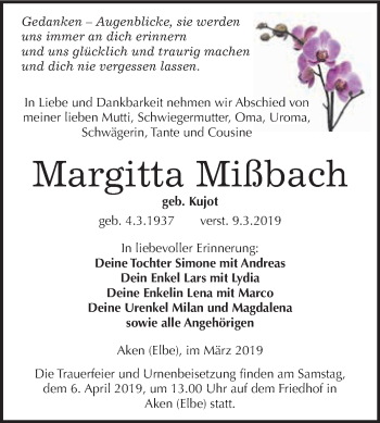 Traueranzeige von Margitta Mißbach von WVG - Wochenspiegel Dessau / Köthen