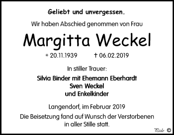 Traueranzeige von Margitta Weckel von Mitteldeutsche Zeitung Weißenfels