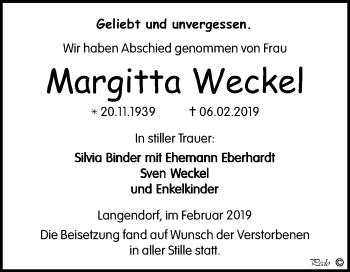 Traueranzeige von Margitta Weckel von WVG - Wochenspiegel NMB / WSF / ZTZ