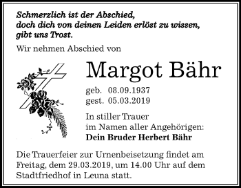 Traueranzeige von Margot Bähr von Mitteldeutsche Zeitung Merseburg/Querfurt