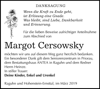 Traueranzeige von Margot Cersowsky von Mitteldeutsche Zeitung Bitterfeld