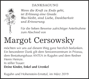 Traueranzeige von Margot Cersowsky von WVG - Wochenspiegel Bitterfeld
