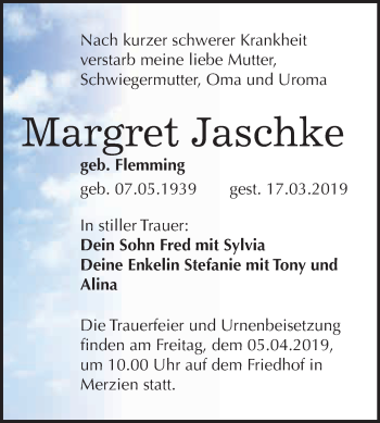 Traueranzeige von Margret Jaschke von WVG - Wochenspiegel Dessau / Köthen