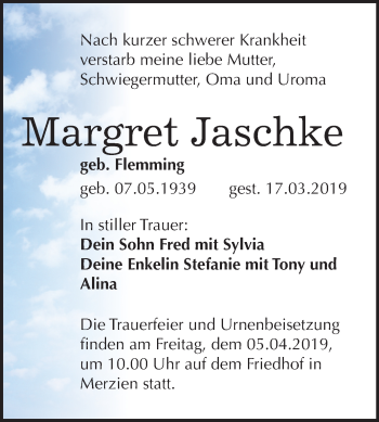 Traueranzeige von Margret Jaschke von Mitteldeutsche Zeitung Köthen