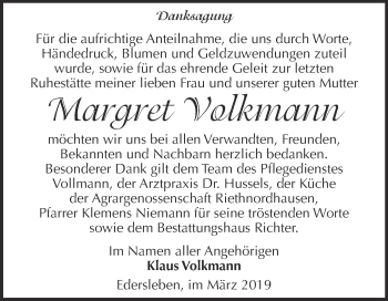Traueranzeige von Margret Volkmann von Super Sonntag SGH Mansf. Land