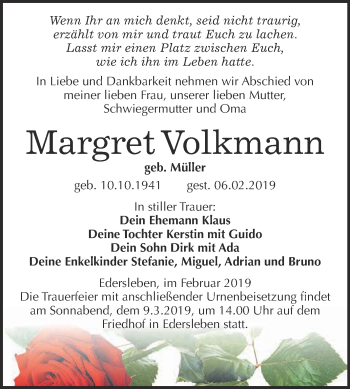 Traueranzeige von Margret Volkmann von Super Sonntag SGH Mansf. Land