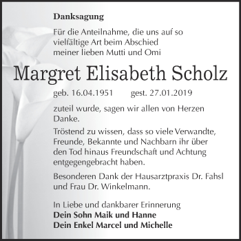 Traueranzeige von Margret Elisabeth Scholz von Super Sonntag Wittenberg