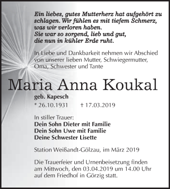 Traueranzeige von Maria Anna Koukal von WVG - Wochenspiegel Dessau / Köthen
