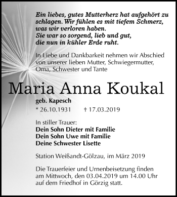 Traueranzeige von Maria Anna Koukal von Mitteldeutsche Zeitung