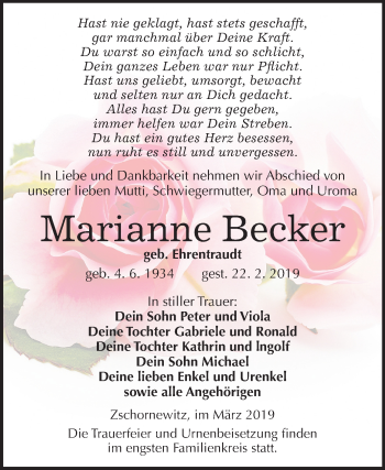 Traueranzeige von Marianne Becker von Mitteldeutsche Zeitung