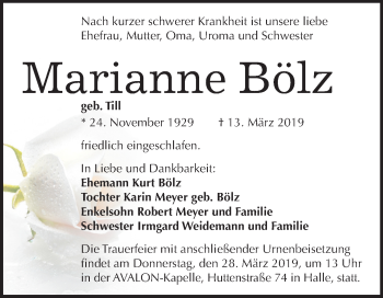 Traueranzeige von Marianne Bölz von Mitteldeutsche Zeitung Halle/Saalkreis