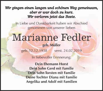 Traueranzeige von Marianne Fedler von WVG - Wochenspiegel NMB / WSF / ZTZ