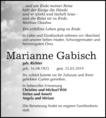 Traueranzeige von Marianne Gabisch von Mitteldeutsche Zeitung