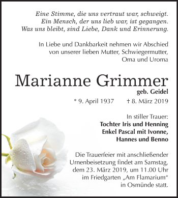 Traueranzeige von Marianne Grimmer von Mitteldeutsche Zeitung Halle/Saalkreis