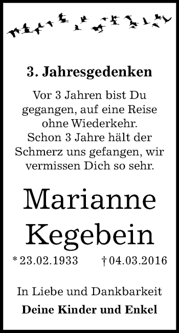Traueranzeige von Marianne Kegebein von Mitteldeutsche Zeitung Dessau-Roßlau