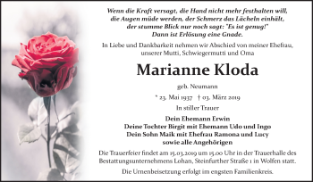 Traueranzeige von Marianne Kloda von Mitteldeutsche Zeitung Bitterfeld