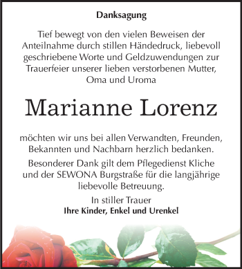 Traueranzeige von Marianne Lorenz von Mitteldeutsche Zeitung Bitterfeld