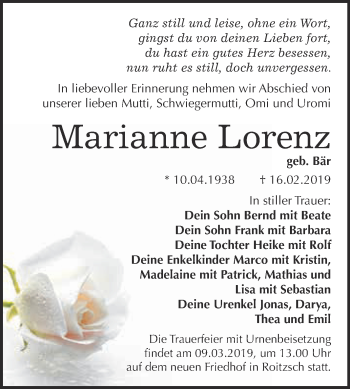 Traueranzeige von Marianne Lorenz von WVG - Wochenspiegel Bitterfeld