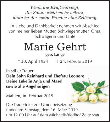 Traueranzeige von Marie Gehrt von WVG - Wochenspiegel NMB / WSF / ZTZ