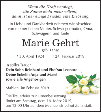 Traueranzeige von Marie Gehrt von Mitteldeutsche Zeitung