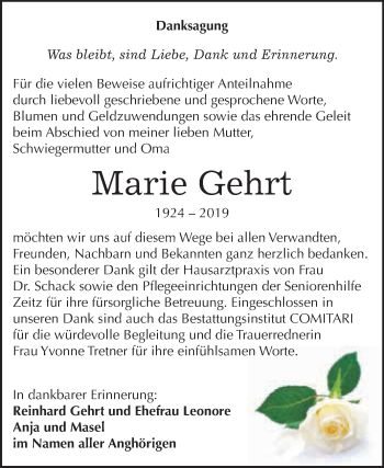 Traueranzeige von Marie Gehrt von WVG - Wochenspiegel NMB / WSF / ZTZ