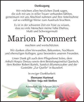 Traueranzeige von Marion Frommert von Mitteldeutsche Zeitung Köthen