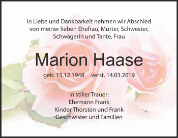 Traueranzeige von Marion Haase von WVG - Wochenspiegel NMB / WSF / ZTZ