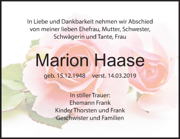 Traueranzeige von Marion Haase von Mitteldeutsche Zeitung Weißenfels