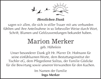 Traueranzeige von Marion Merker von WVG - Wochenspiegel Wittenberg