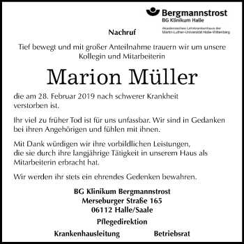 Traueranzeige von Marion Müller von Mitteldeutsche Zeitung Halle/Saalkreis