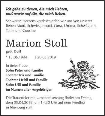 Traueranzeige von Marion Stoll von Super Sonntag Bernburg