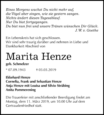 Traueranzeige von Marita Henze von Mitteldeutsche Zeitung Halle/Saalkreis