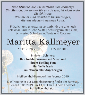 Traueranzeige von Maritta Kallmeyer von Mitteldeutsche Zeitung Mansfelder Land