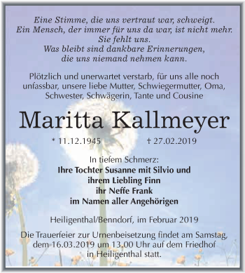 Traueranzeige von Maritta Kallmeyer von Super Sonntag SGH Mansf. Land