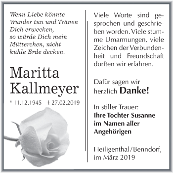 Traueranzeige von Maritta Kallmeyer von Wochenspiegel Mansfelder Land