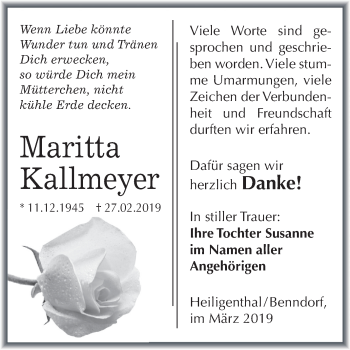 Traueranzeige von Maritta Kallmeyer von Mitteldeutsche Zeitung Mansfelder Land