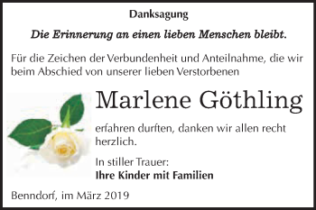 Traueranzeige von Marlene Göthling von Super Sonntag SGH Mansf. Land