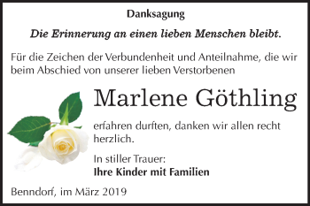 Traueranzeige von Marlene Göthling von Mitteldeutsche Zeitung