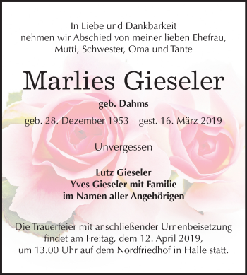 Traueranzeige von Marlies Gieseler von Mitteldeutsche Zeitung