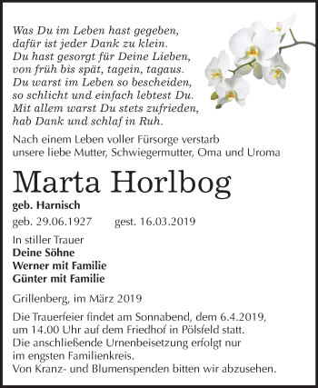 Traueranzeige von Marta Horlbog von Mitteldeutsche Zeitung Sangerhausen