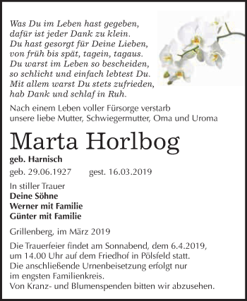 Traueranzeige von Marta Horlbog von Super Sonntag SGH Mansf. Land