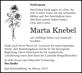 Traueranzeige von Marta Knebel von WVG - Wochenspiegel Wittenberg