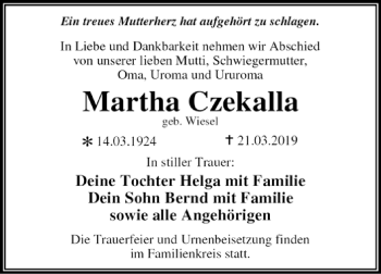 Traueranzeige von Martha Czekalla von WVG - Wochenspiegel Dessau / Köthen