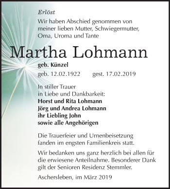 Traueranzeige von Martha Lohmann von Mitteldeutsche Zeitung Aschersleben