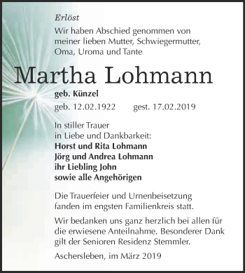 Traueranzeige von Martha Lohmann von Super Sonntag Aschersleben