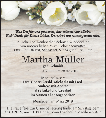 Traueranzeige von Martha Müller von Mitteldeutsche Zeitung