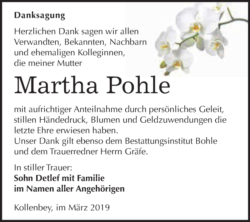  Traueranzeige für Martha Pohle vom 30.03.2019 aus WVG - Wochenspiegel Merseburg