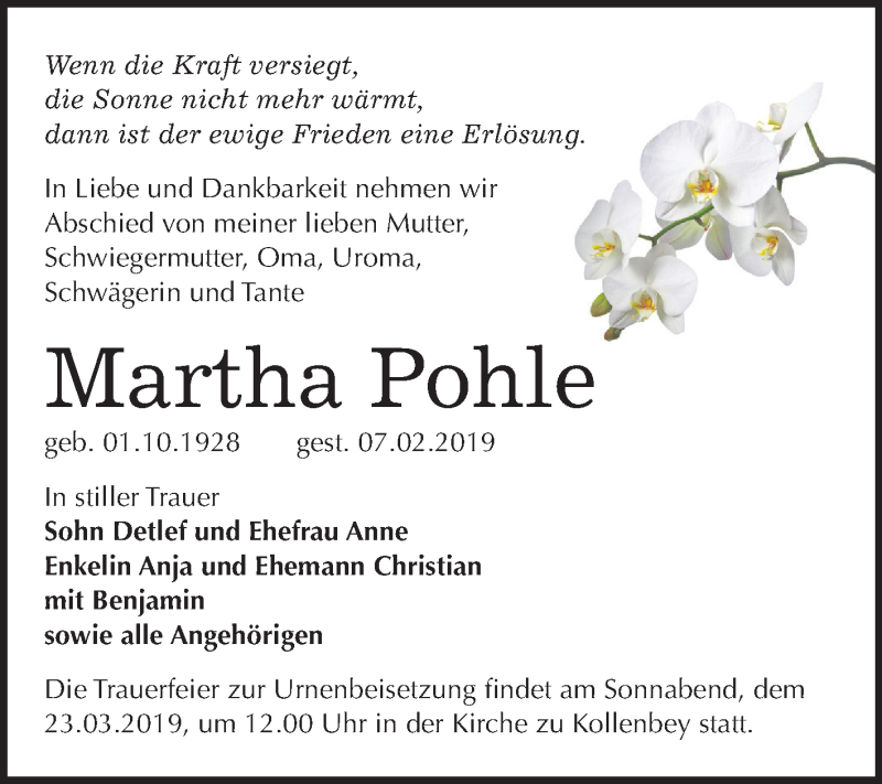  Traueranzeige für Martha Pohle vom 16.03.2019 aus Mitteldeutsche Zeitung