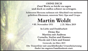 Traueranzeige von Martin Woldt von WVG - Wochenspiegel Quedlinburg