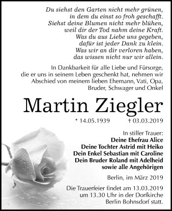 Traueranzeige von Martin Ziegler von Mitteldeutsche Zeitung Köthen